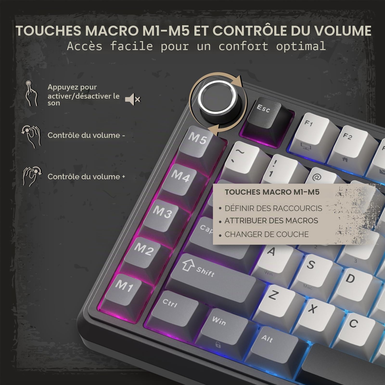 RK ROYAL KLUDGE L75 Joint sans Fil RGB Clavier de Jeu mécanique avec Bouton | 75% TKL Clavier BT/2.4G/USB-C touches macro plaque signalétique tactile, batterie 8000mAh, remplacement chaud, touches PBT