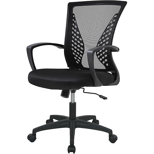 Home Office Chair Mid Back PC Swivel Lumbar Support Adjustable Desk Task Computer Ergonomic Comfortable Mesh Chair with Armrest (Black)