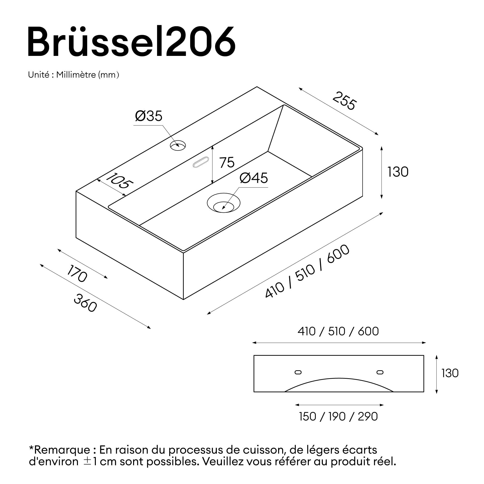 doporro Lavabo Bagno in Ceramica Bianco Lucido 60x36x13 cm – Lavabo Sospeso o da Appoggio Piccolo con Foro Rubinetto e Troppopieno, Brüssel206