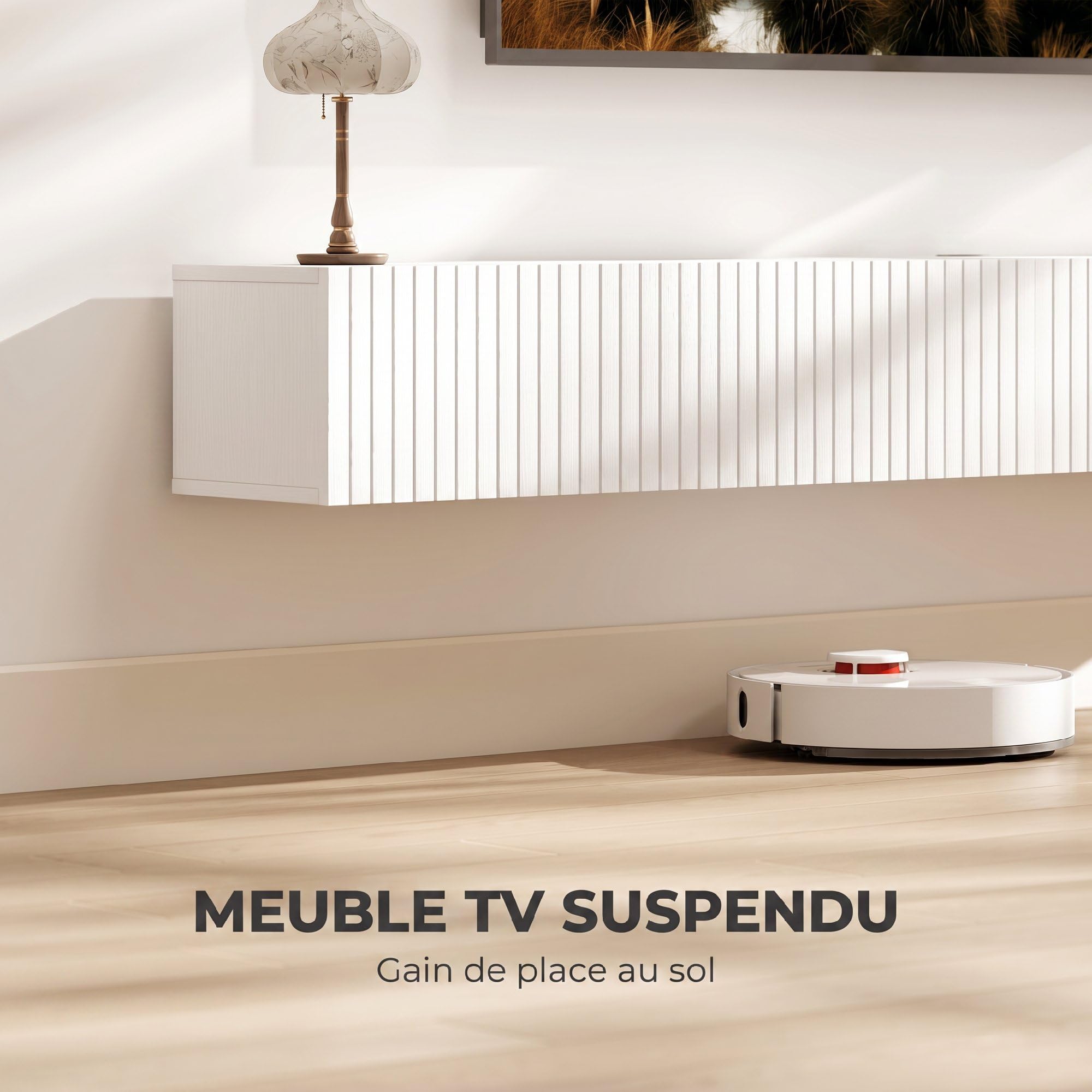 HOMCOM Meuble TV Suspendu 180 cm pour Téléviseur 72 Pouces Blanc | Meuble Télé, 2 Portes Cannelées Rabattables, Banc TV Mural Flottant, Salon, Chambre à Coucher