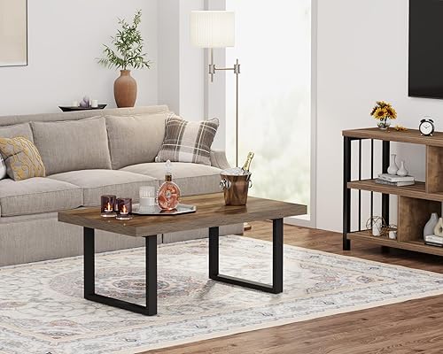 Miniatura 7 de IBF Mesa de centro de granja, moderna mesa de centro de madera simple para sala de estar, mesa central rectangular minimalista industrial, mesa de