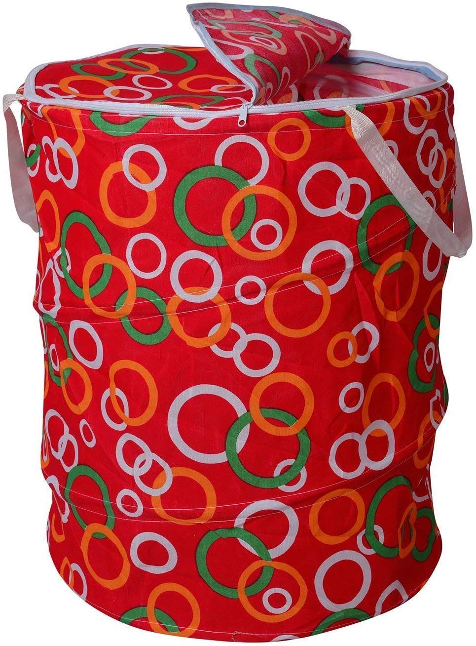 S R EXCLUSIVE Multipurpose Foldable and Collapsible Pop-Up Round Laundry Bag Basket with Zippered Lid (39X39X42cm)(B) Assorted Colours(Cotton)-image-5