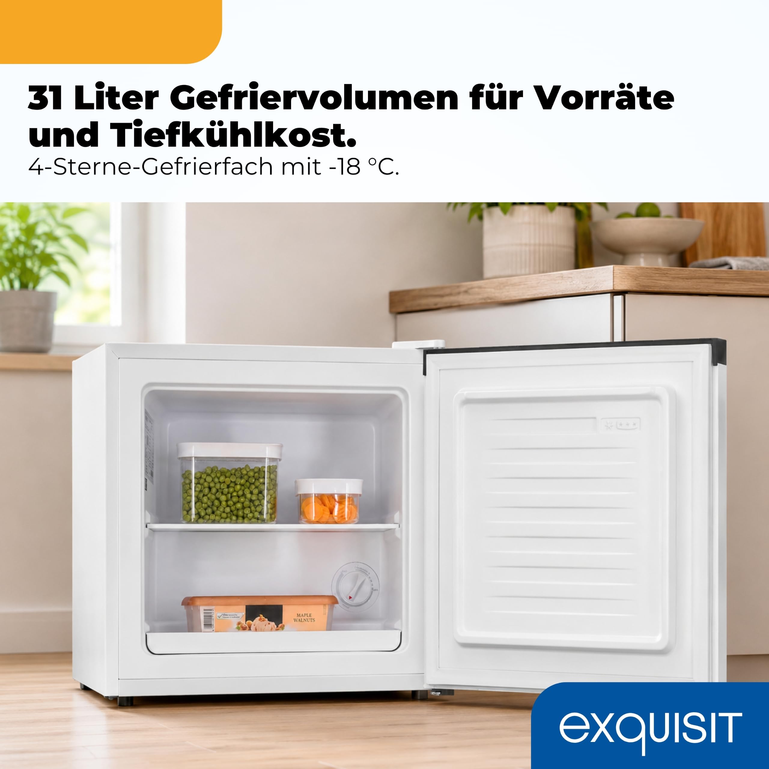 Exquisit GB540-050C Mini-Gefrierschrank Weiß - 31 l Gefrierbox - 4 Sterne | Kompakter kleiner Gefrierschrank mit wechselbarem Türanschlag, 2 kg Gefrierleistung & manueller Temperaturregelung, Klasse C