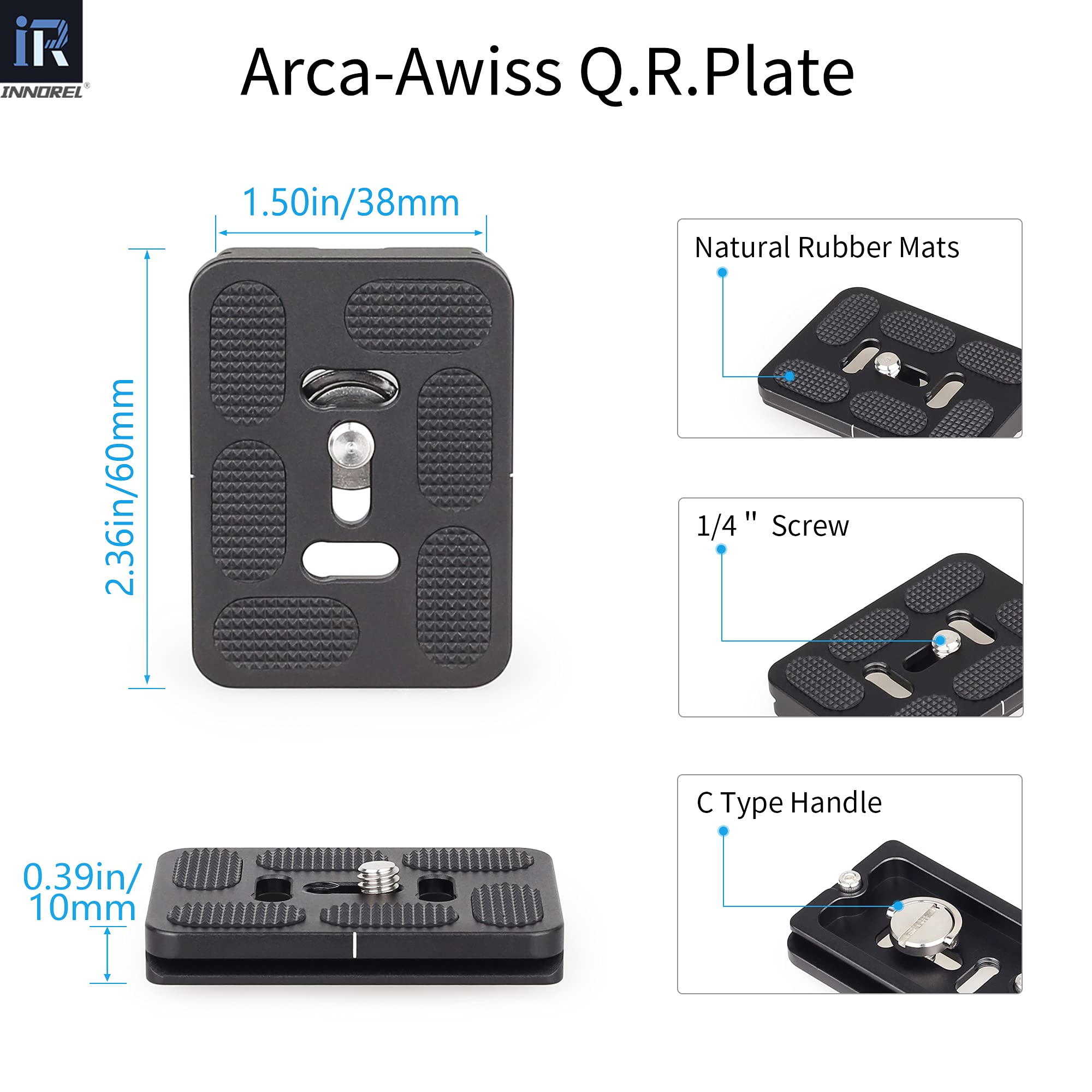 INNOREL Tête de Trépied Panoramique Métal CNC avec Plaque Rapide Arca Swiss 38mm Aluminium pour Trépied, Monopode, Reflex, Caméscope (G36)