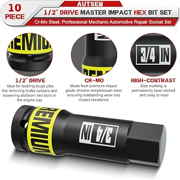 1/2 Drive Impact Hex Bit Socket, 10 Piece Allen Bit Socket Set, 1/4 - 3/4, SAE, Cr-Mo Steel, Ideal for Professional Mechanic Automotive Repair