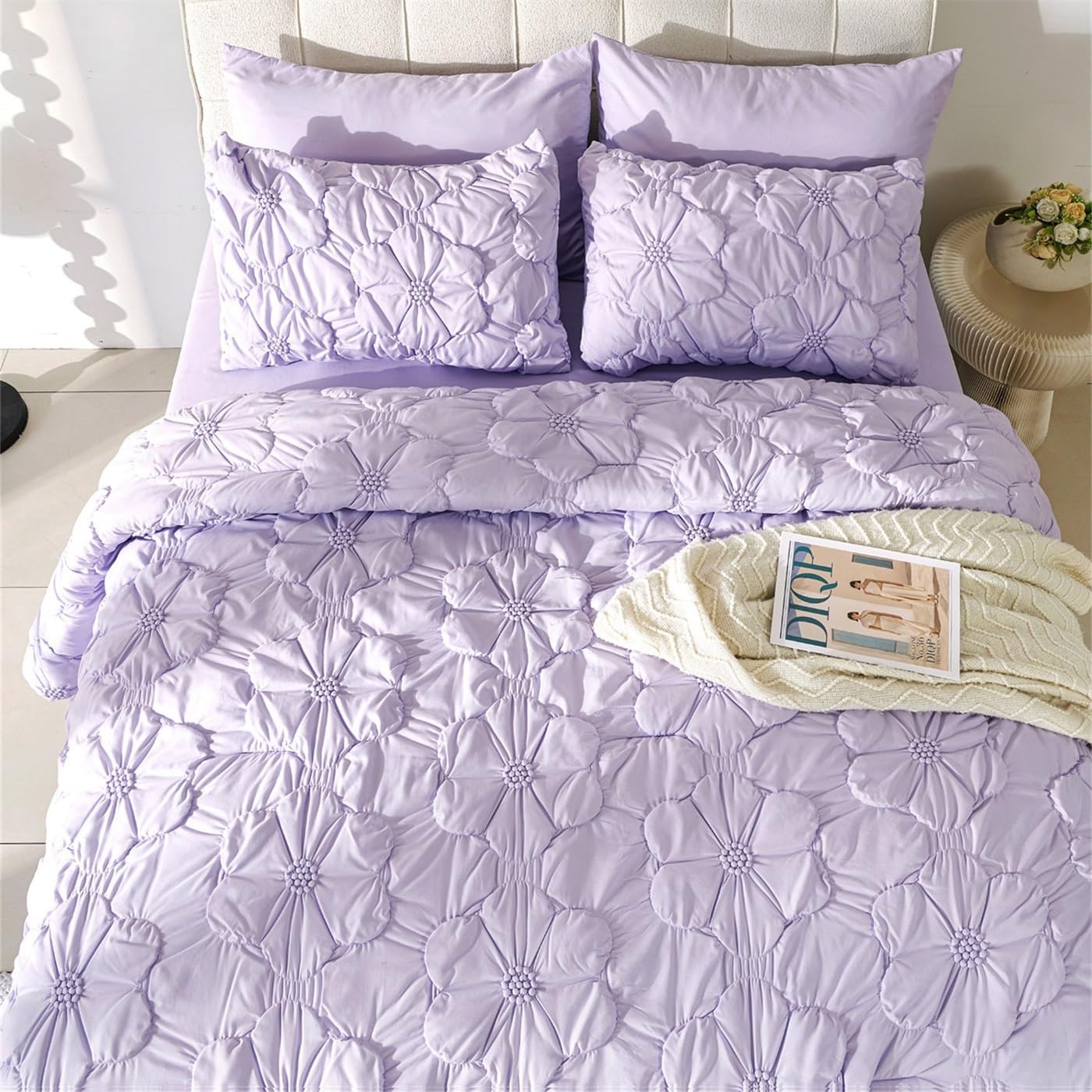 Cmfshape Lavender Pinch Pleat Comforter Set King Size-7 Pieces Bedding Comforter Bed in A Bag-Lightweight Microfiber Bedding Set with Comforter,Fitted Sheet,Flat Sheet and Pillow Shams-104 x90