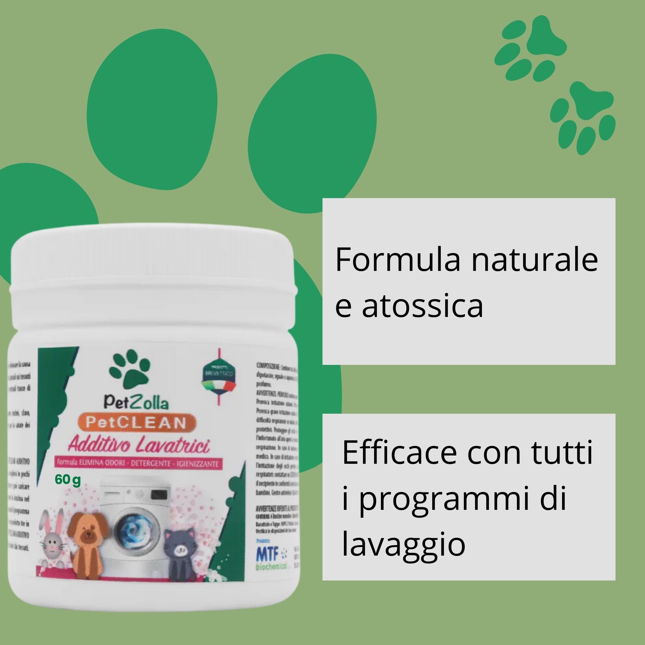 Additivo Lavatrice per tessuti a contatto con Animali 6 bustine da 10gr, Igienizzante bucato naturale, Neutralizza Odori, Elimina Batteri, peli e biofilm, formula Atossica - 60 gr - Made in Italy