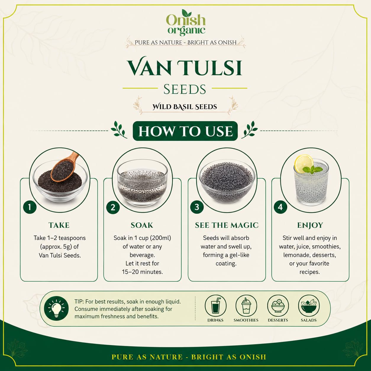 Onish Organic Mahabeera Seeds 1 Kg | Van Tulsi Beej, Vana Tulasi, Talmakhana | 100% Natural, Sortex Cleaned, Chemical-Free | For Knee & Joint Pain Relief, Bone Health, Digestion & Weight Management — Amazon image 3