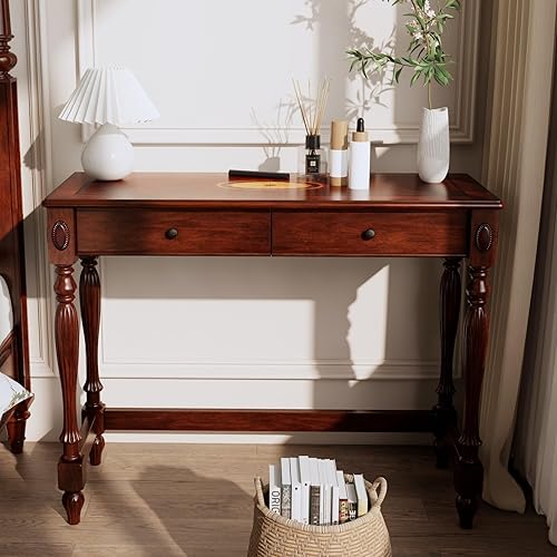 Miniatura 10 de MODERION Escritorio de Computadora de Madera Maciza con 2 Cajones, Mesa de Tocador Tradicional, Escritorio de Escritura para Oficina en Casa de 46",