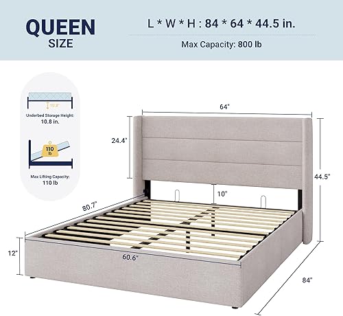 Miniatura 2 de Allewie Cama de almacenamiento elevable tamaño Queen, cabecera moderna con respaldo alado, soporte hidráulico, no necesita somier, color beige claro