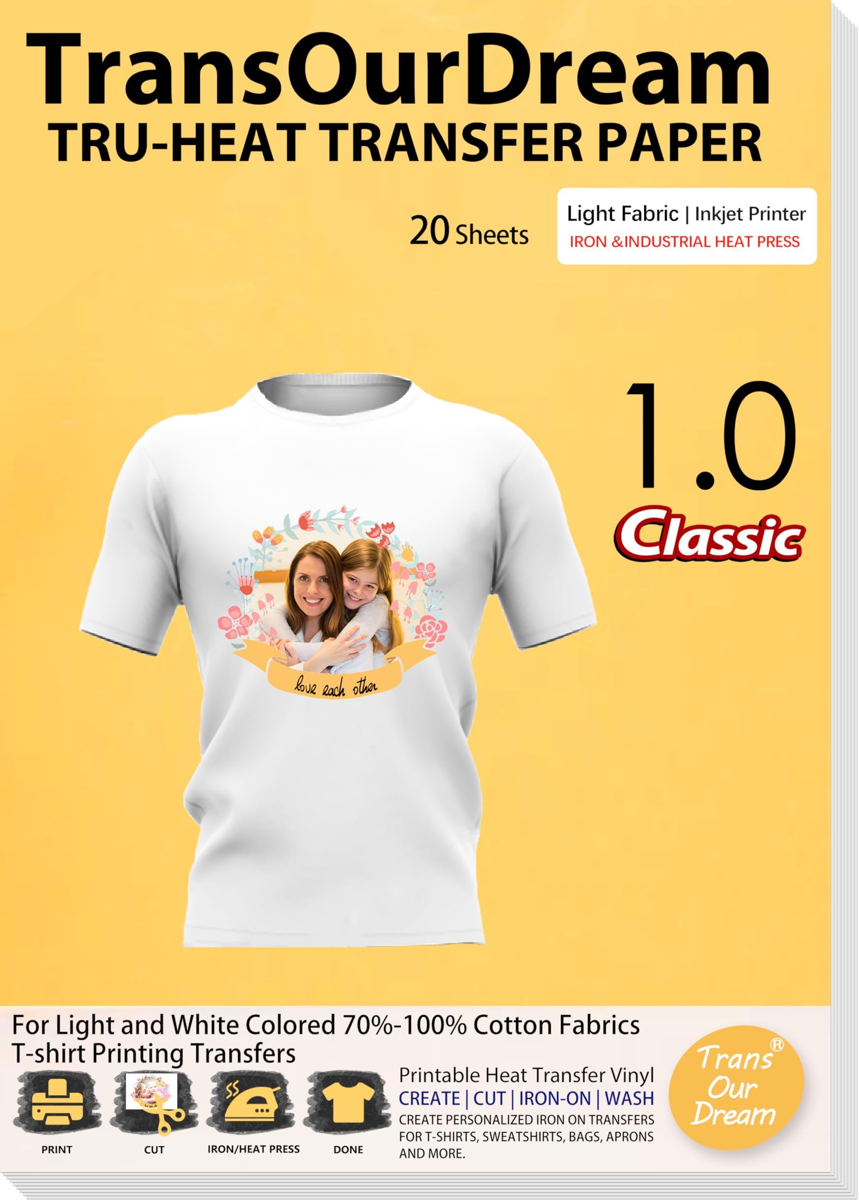 TransOurDream Tru-Transfer Paper Inkjet for Light Fabric 20 Sheets A4 Transparent Iron on Heat Transfer Paper White T Shirt Printing Paper Easy to Use Wash Durable Printable HTV (L-1.0-20)