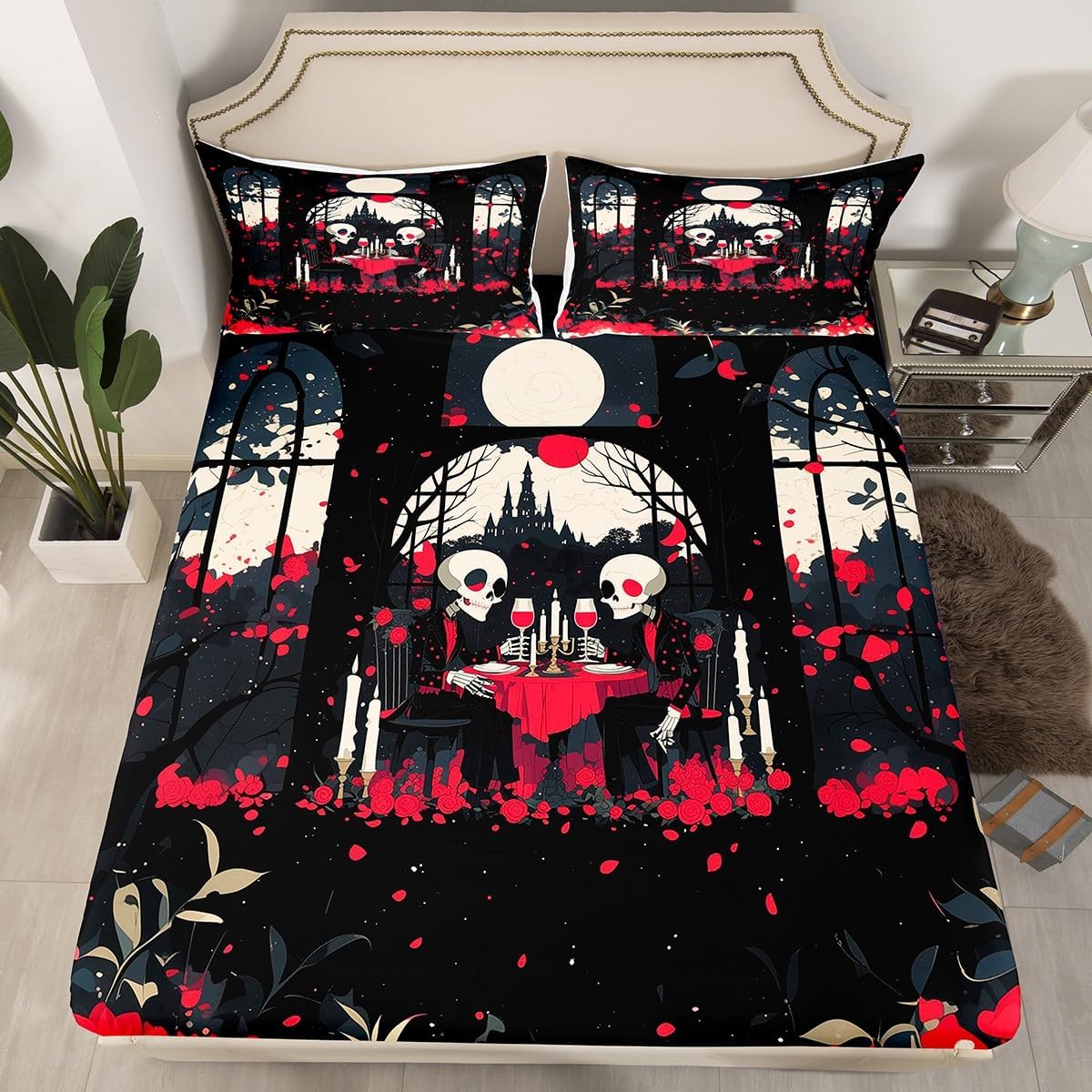 Skeleton Bone Bedding Set Full Size,Happy Valentine's Day Top Flat Sheet Lover Couple Men Women Room Decor,Romantic Rose Flower Deep Pocket Sheet 4Pcs,Old Castle Halloween Bed Sheet Set,2 Pillowcases
