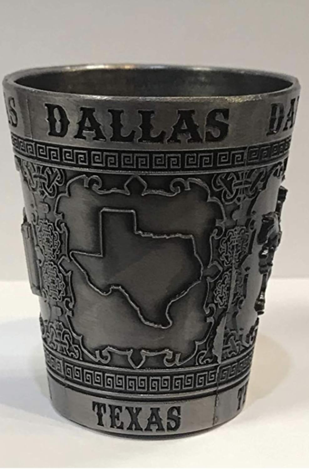 TEXAS SOUVENIR PEWTER DESIGN SHOT GLASS DALLAS TEXAS Shot Glasses