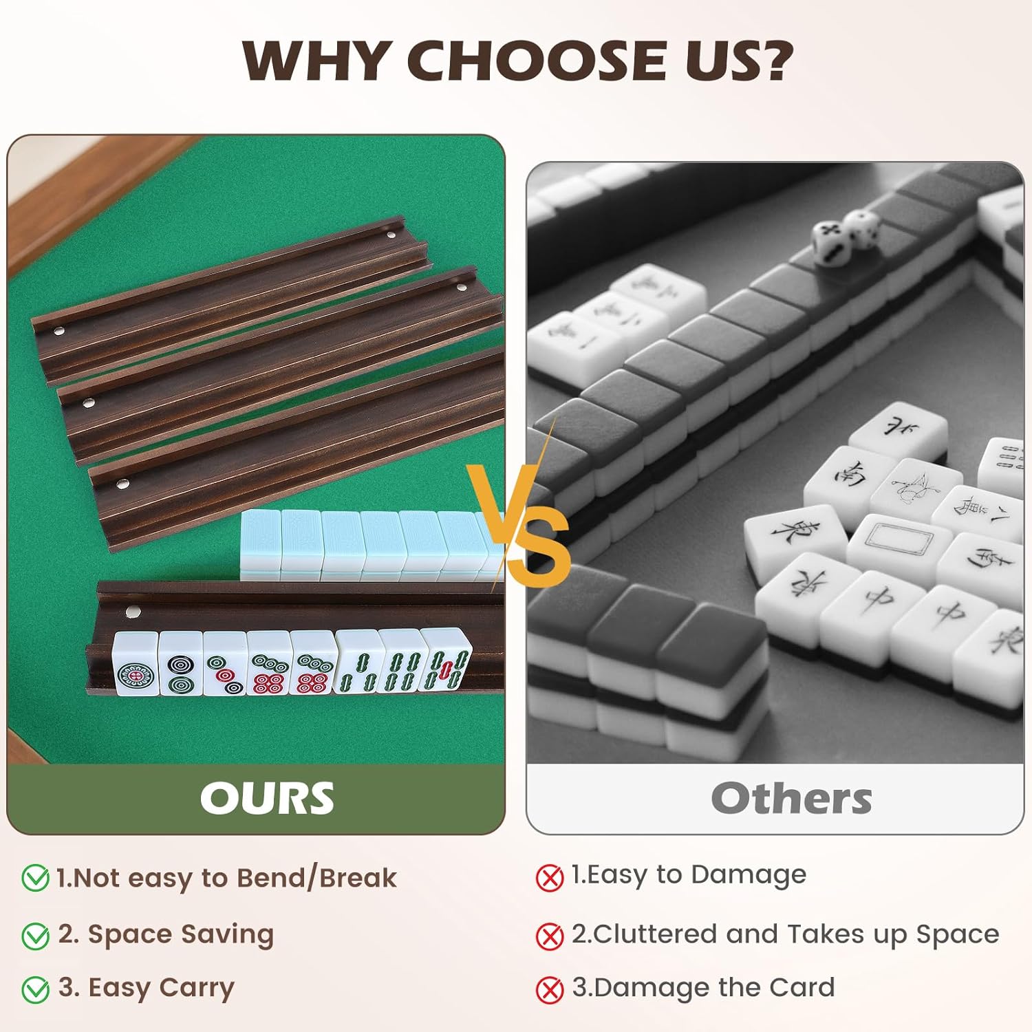 Mahjong Racks with Pushers Set of 4, All-in-One Tile Wooden Mahjong Racks 4 Strong Magnetism Attached Pushers, Dice & Storage Bags for American Mahjong Tile (Walnut)