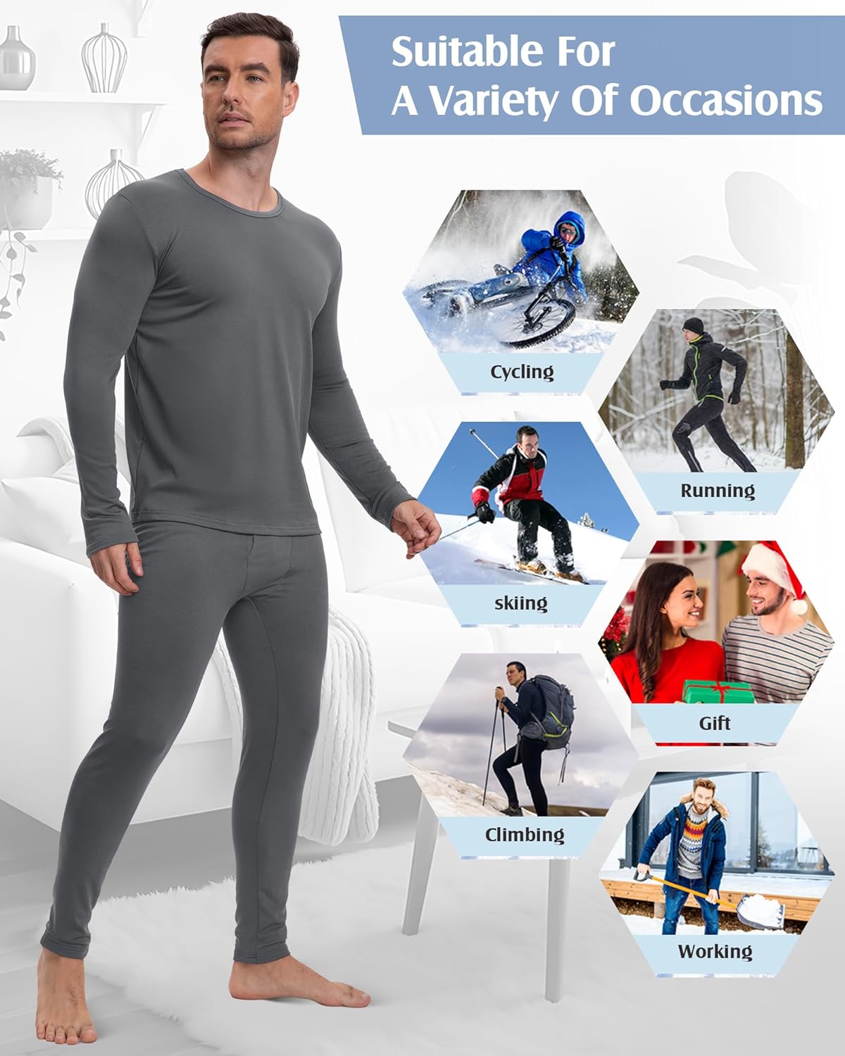 Patelai 3 Sets Men's Thermal Underwear Long Underwear Base Layer with Fleece Lined for Winter Cold Weather