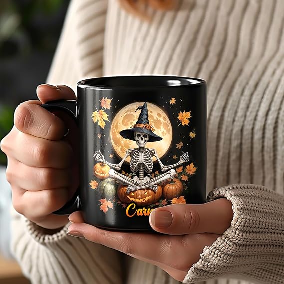Personalised Halloween Skull Mug, Gifts for Skeleton Lovers, Gothic Skull for Women, Halloween Holiday Gifts for Women, Halloween Skeleton Decor Gift, Custom Name Coffee Cup Ceramic Mug