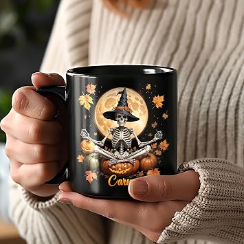 Personalised Halloween Skull Mug, Gifts for Skeleton Lovers, Gothic Skull for Women, Halloween Holiday Gifts for Women, Halloween Skeleton Decor Gift, Custom Name Coffee Cup Ceramic Mug