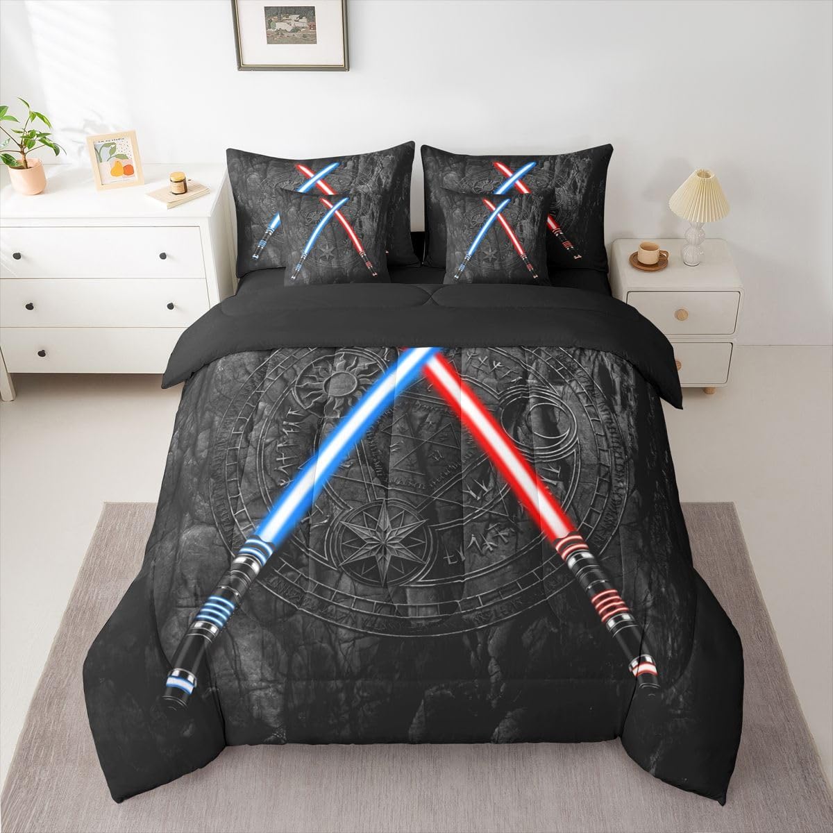 Lightsaber 7Pcs Comforter Set Queen Size 3D Neon Blue Red Bedding Sets Geometric Sun Moon Round Quilt,Kids Boys Teens Room Decor,Cool Black Fitted Sheet + Flat Sheet + 2 Pillow Cover 2 Pillowcases