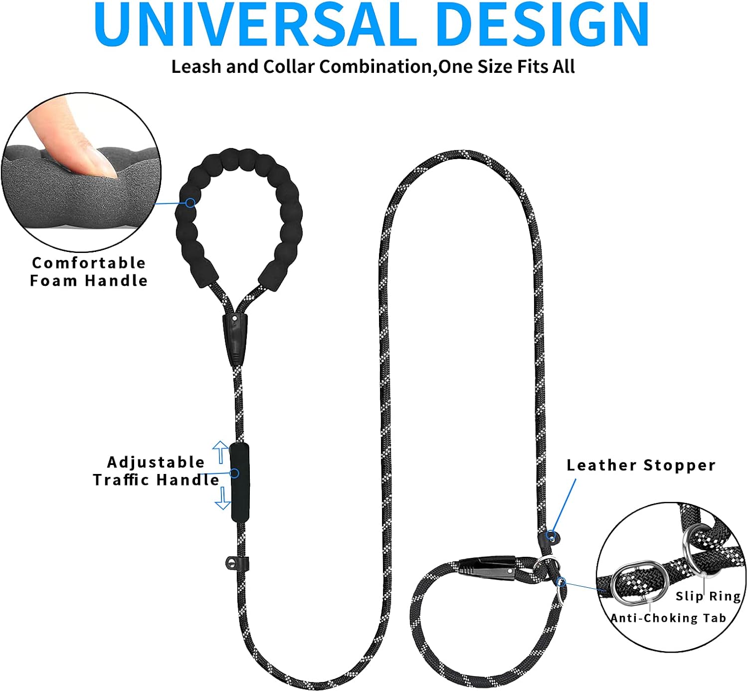 SUNJIKA Slip Lead Leash for Medium Large Dogs, 6FT Durable Reflective Climbing Rope Leash, Comfortable Double Padded Handle, No Pulling Heavy Duty Lead Leash for Walking and Training