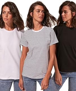 ترنديول تيشيرت بيسيك مخطط برقبة دائرية ضيقة للنساء من 3 قطع بلون اسود وابيض واسود TWOSS20TS0146