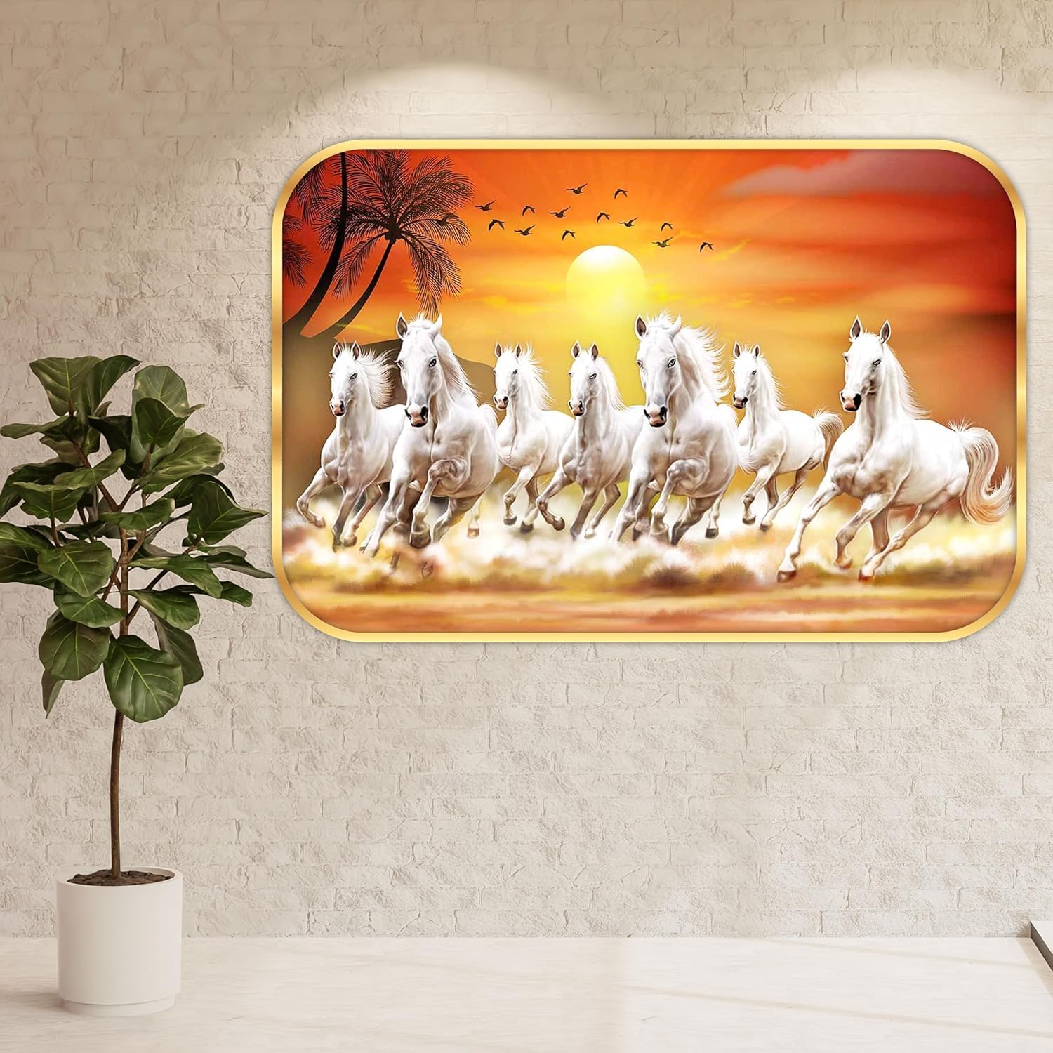 LILLY HANDICRAFTS LH SAF 7 Running Horses Vastu Wall Painting | Sunrise Horse Wall Art with Golden Frame | Lucky Feng Shui Home Decor for Living Room, Office, Bedroom & Entrance | Multicolor