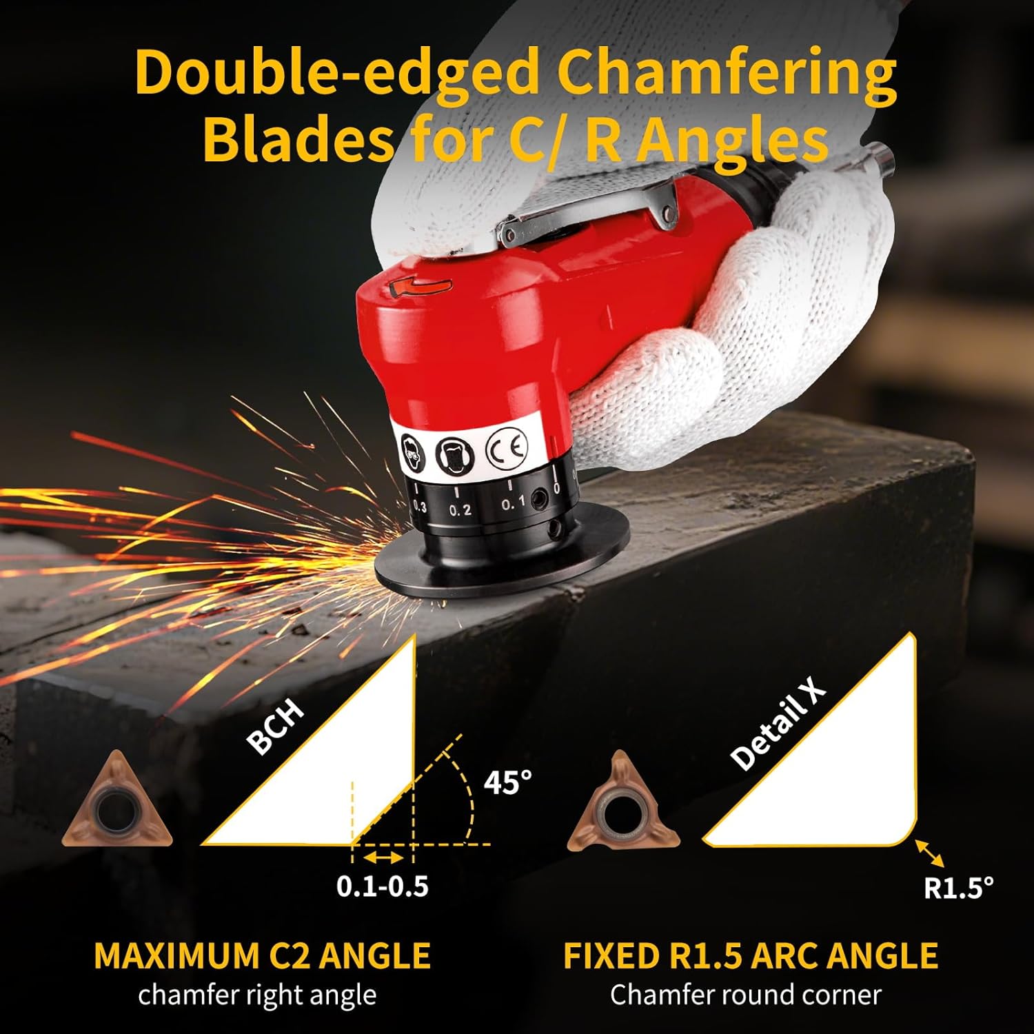 2 in 1 Pneumatic Chamfering Tool,Air Chamfer Tool with 8 C-Angle & 16 R-Angle Blades, 45° 30000 RPM Chamfering Tool for Metal and Wood (Red))