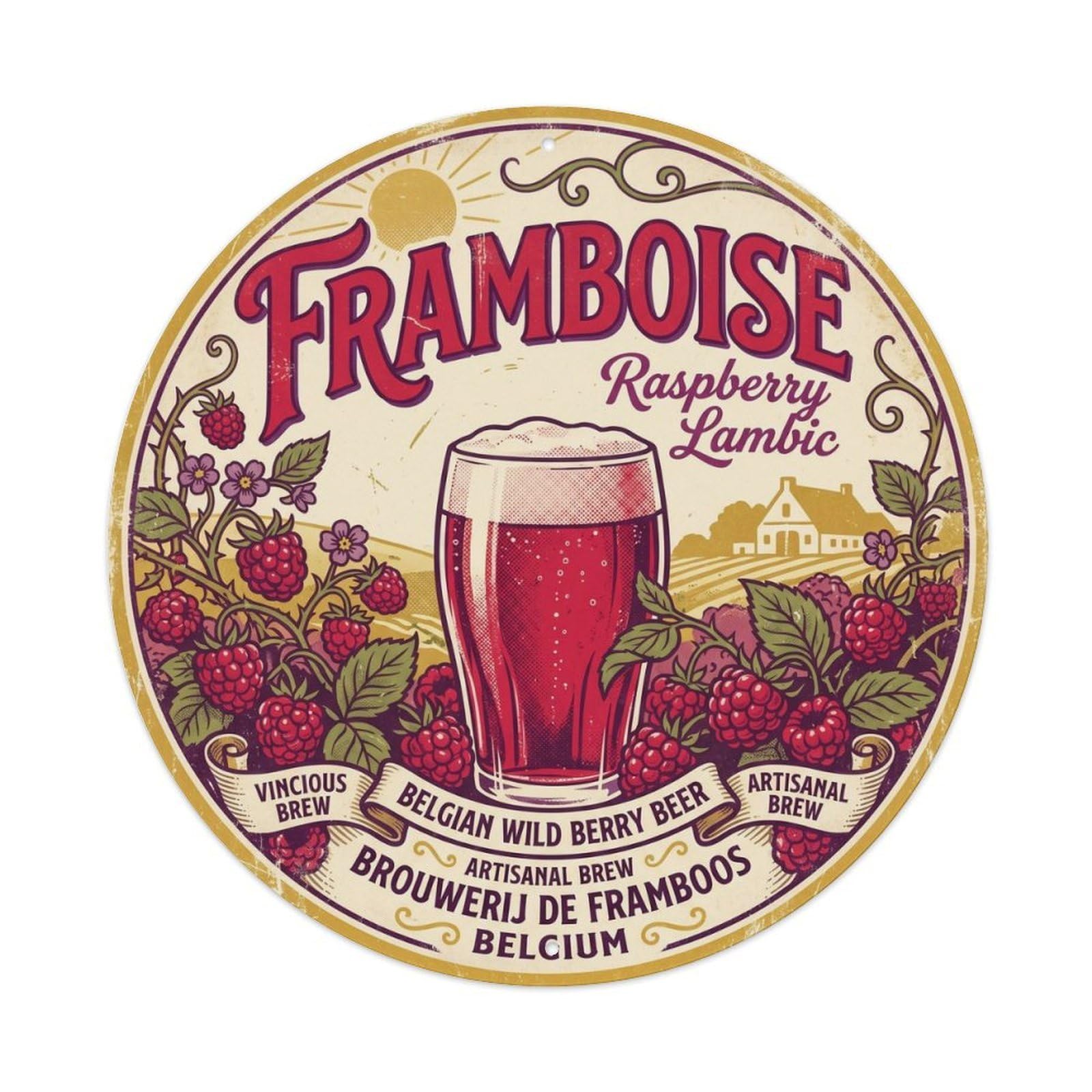 Raspberry Lambic Beer Hall Belgian Vintage Wild Ferment Metal Tin Sign