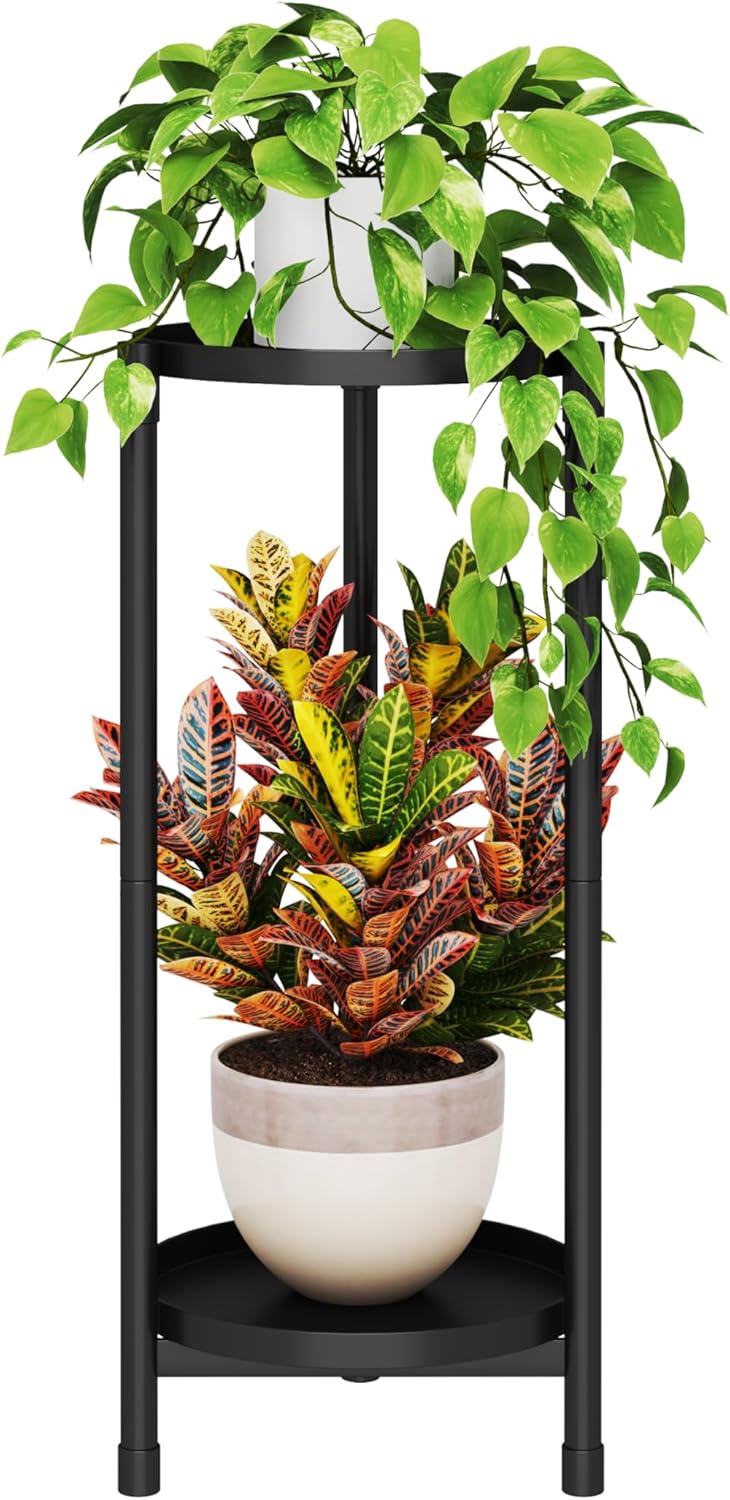 Plant Stand indoor outdoor - 2 Tier black Tall Metal Flower Pot Holder Potted Display Rack - Heavy Duty Corner Plant Shelf for Patio Garden Balcony Living Room Bedroom