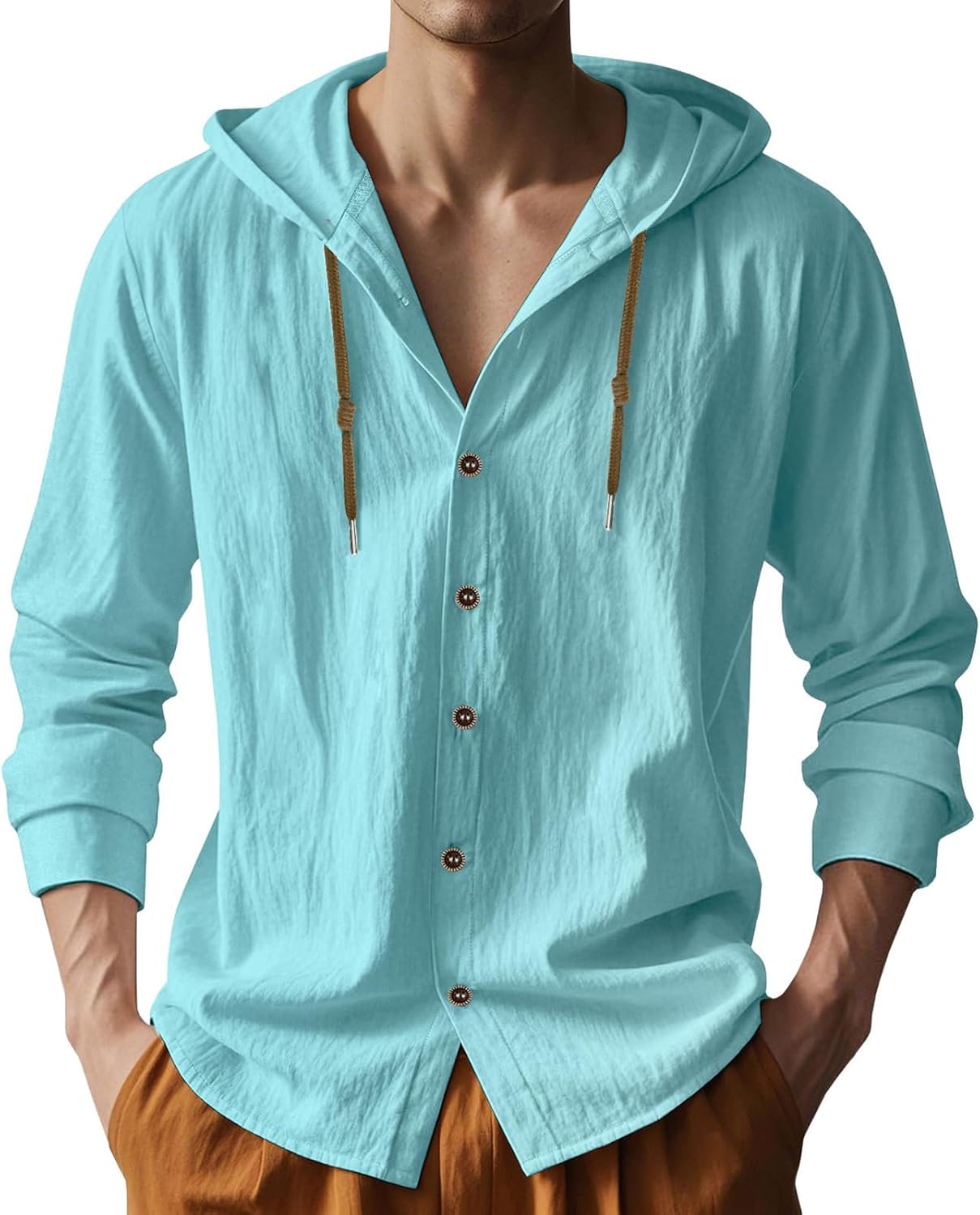 PIDOGYM Men Cotton Linen Long Sleeve Button Down Shirt Summer Casual Hawaiian Beach Tops Lightweight Fashion Hoodies