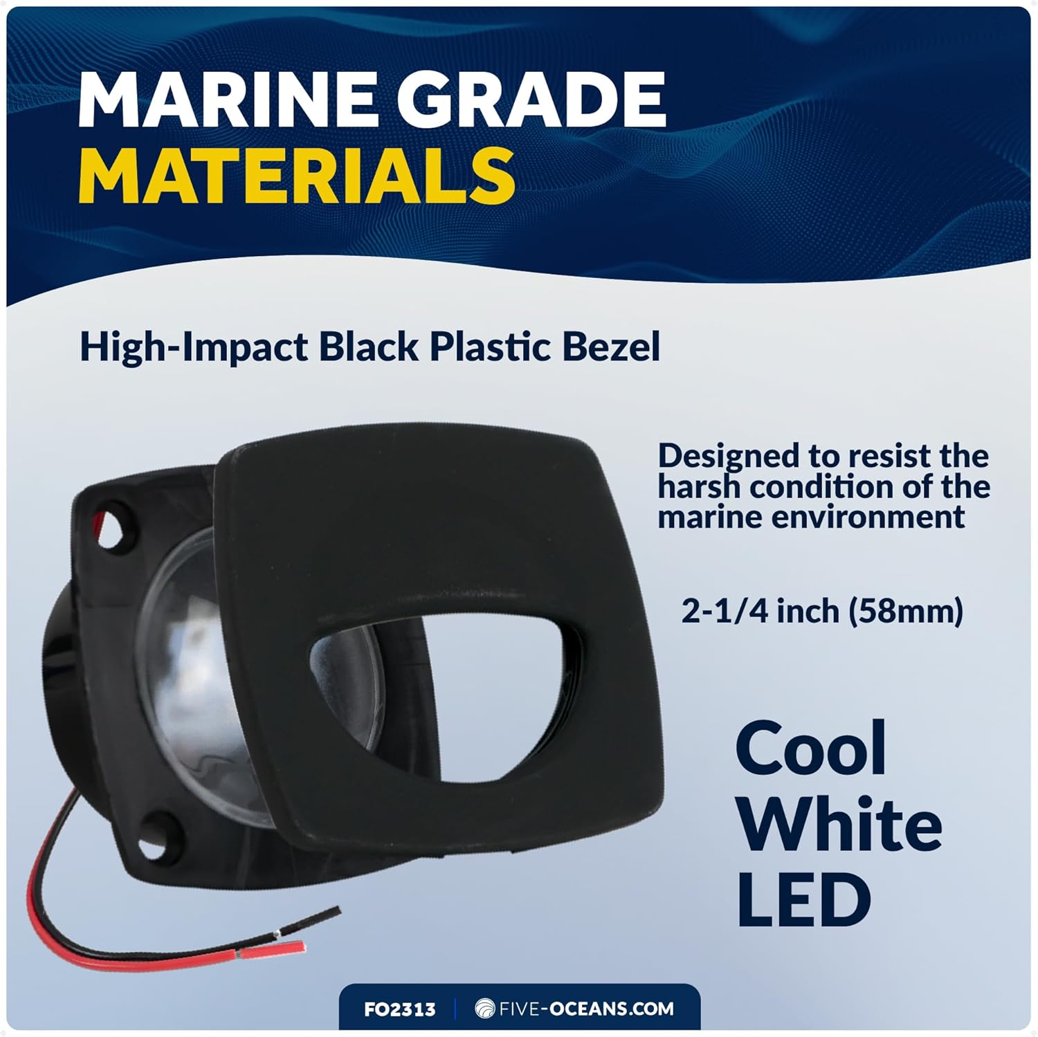 Five Oceans 2-1/4-Inch Square Companion Light, Cool White LED, Black Housing, Marine Courtesy Lights for Interior, Deck, Cockpit, Pontoon, Bass Boat, Yacht, Sailboat, RVs, Caravan - FO2313