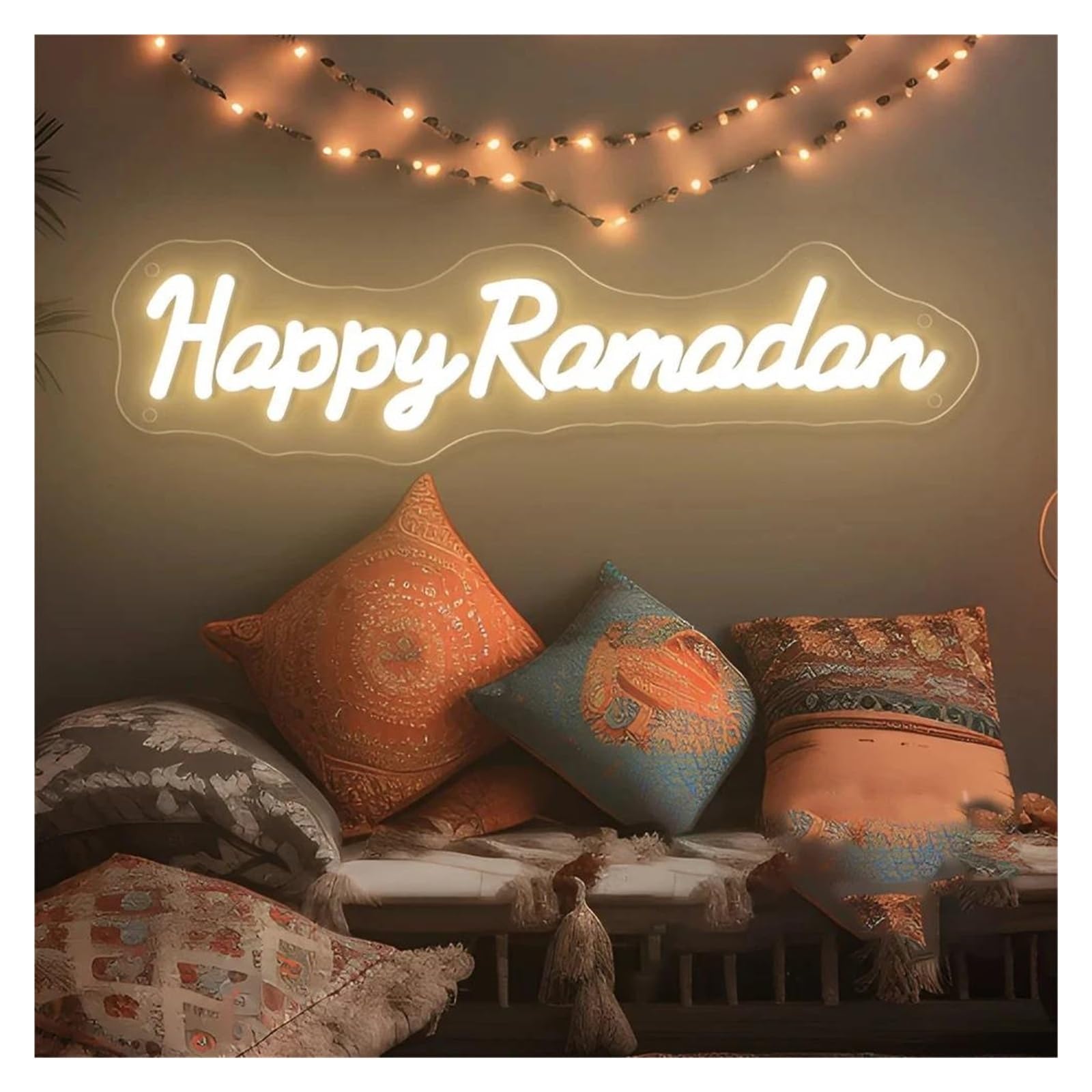 LEMST Signs Lamp Happy Ramadan Neon Sign Aesthetic Wall Mount Decor Eid Mubarak Lights Decorations Party Room Wall(B)