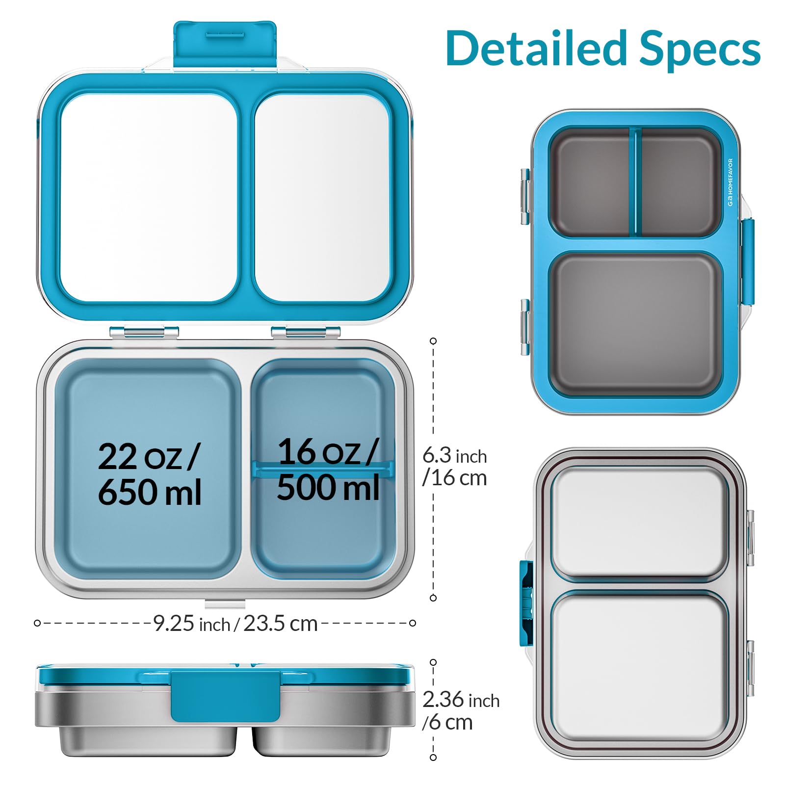 G.a HOMEFAVOR Edelstahl Brotdose Kinder 1000ml Metall Bento Lunchbox mit 2 Fächern Auslaufsichere Brotbox Kindergarten Kita Schule Sandwichbox Brotzeitdose Vesperdose Brotbüchse, Blau