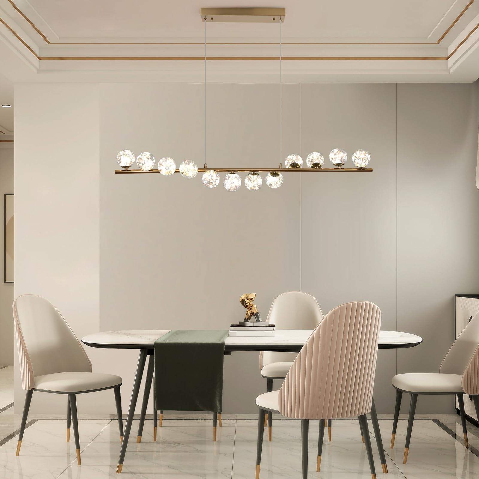 GEADI Gold Kronleuchter 120CM Modern Globe Pendelleuchte Esstisch mit 12 Glaskugel Lampenschirme Einstellbare Hängeleuchte 50W Led Hängelampen für Esszimmer, Wohnzimmer, Küchen, Lounge
