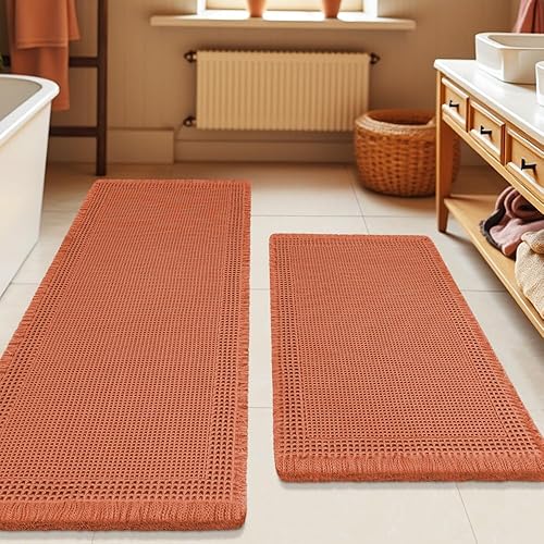 Miniatura 19 de Tapete de baño de punto gofre, moderno, tejido bohemio, absorbente, antideslizante, ultrasuave, lavable a máquina, con borlas, para baño