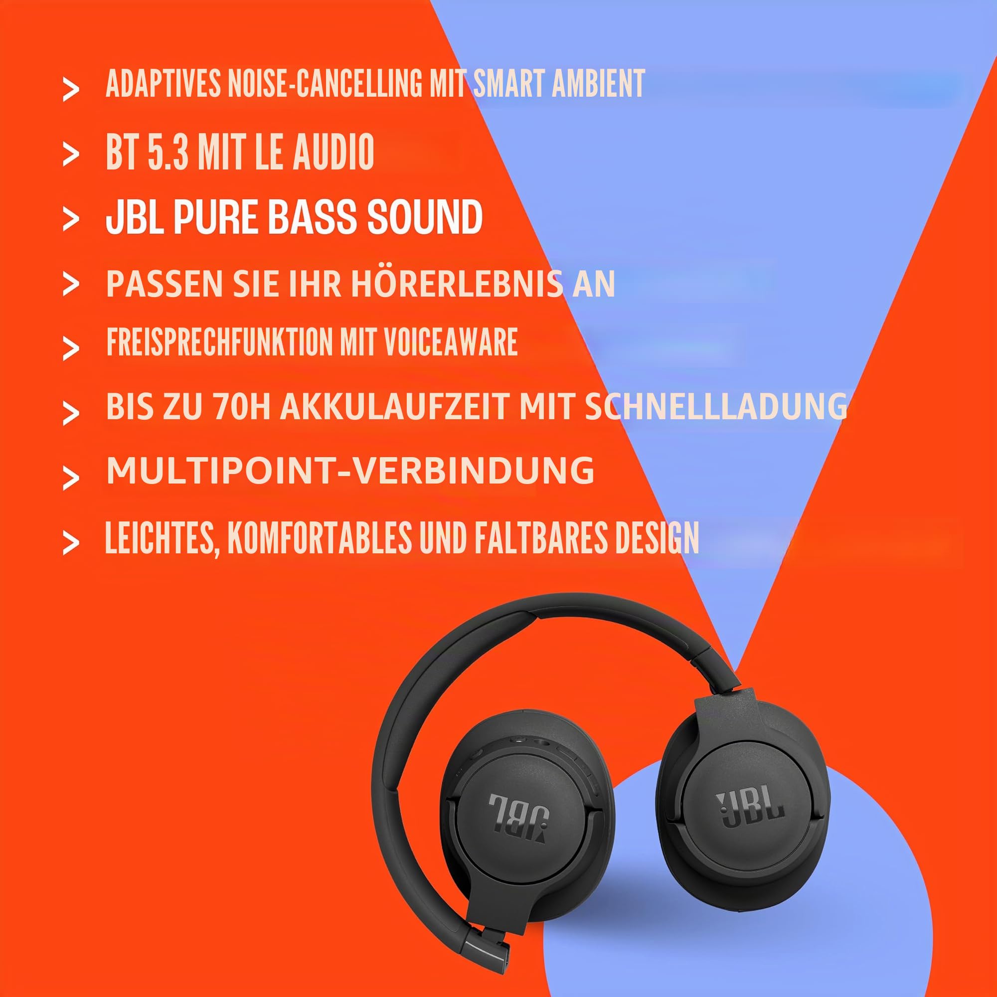 JBL Tune 770NC Wireless Over-Ear-Kopfhörer mit adaptiver Geräuschunterdrückung und Smart Ambient, Bluetooth 5.3, Akkulaufzeit bis zu 70 Stunden mit Schnellladung, leichtes Design, komfortabel und