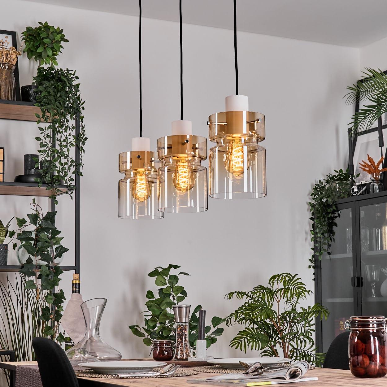Lámpara de techo HOFSTEIN Hasvik, 3 luces de metal/vidrio en blanco/ámbar/claro, diseño retro/vintage (Ø 15 cm), E27, lámpara de techo ajustable hasta 150 cm, comedor, sala de estar, cocina