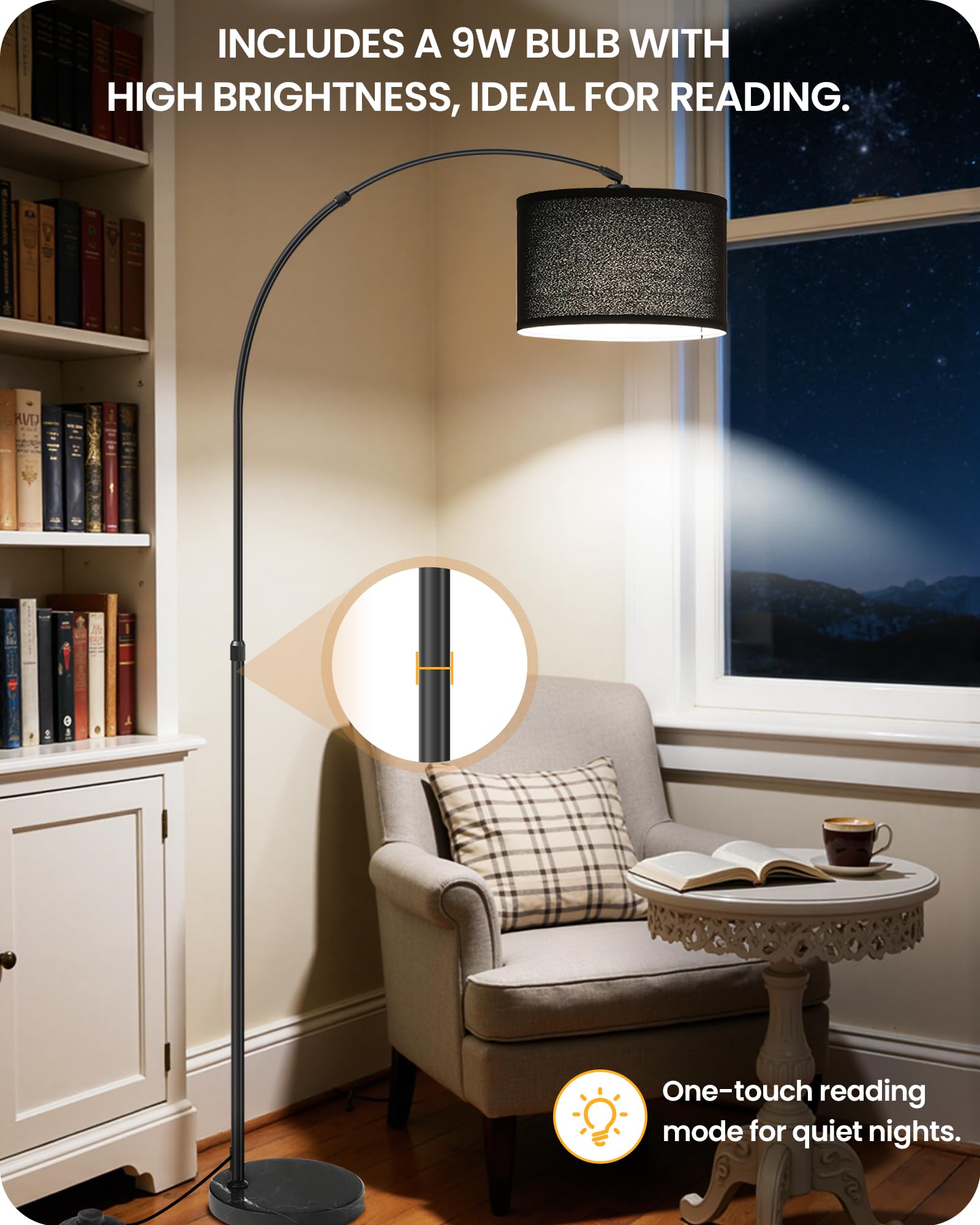 Stehlampe Wohnzimmer, 158-188 cm höhenverstellbare Bogenlampe, Dimmbare Stehleuchte mit Fernbedienung, mit LED Birne, Schwarze Standlampe für Schlafzimmer, ZB15LDD05