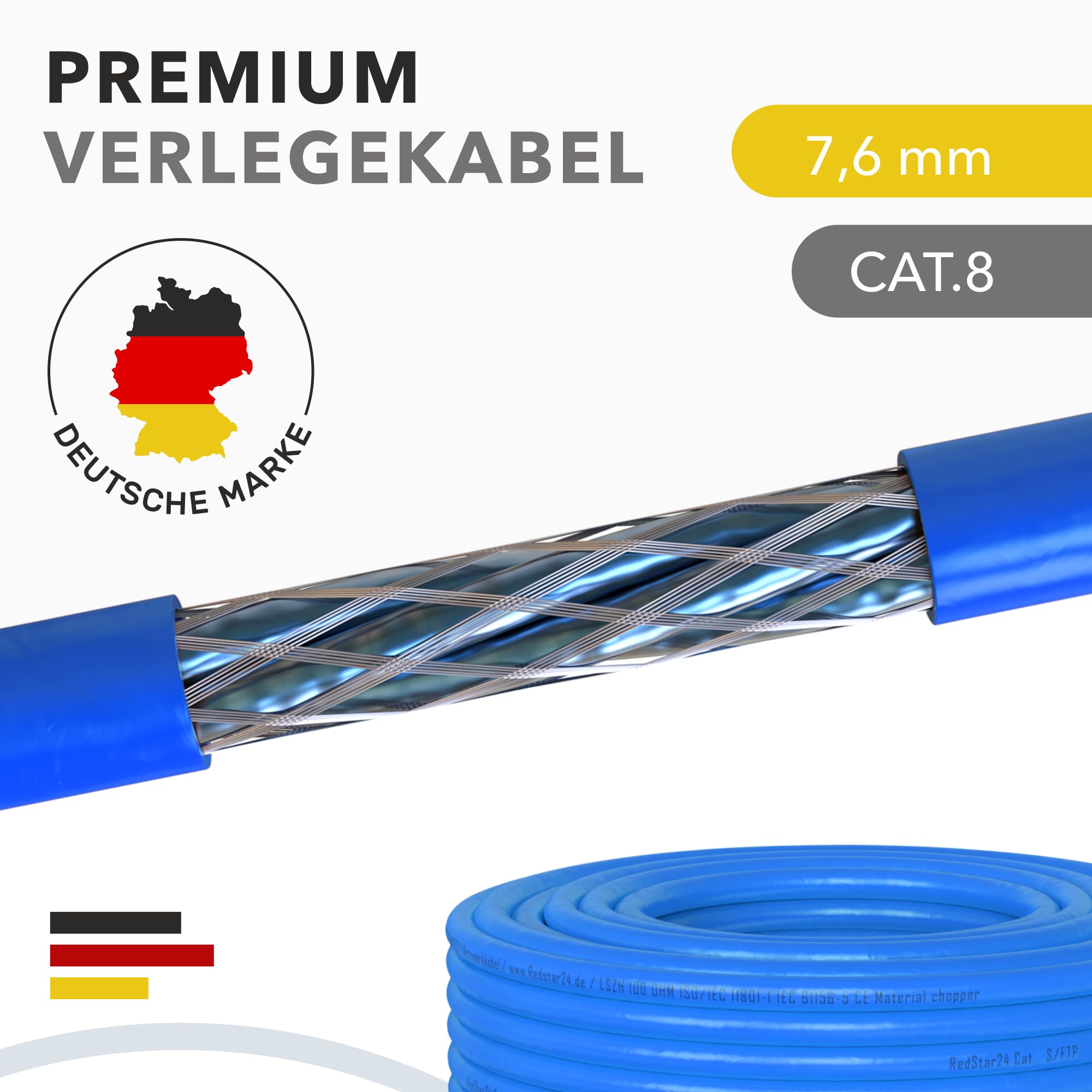 100 m CAT 8 Kabel Sieciowy CAT8.1 LAN Bezhalogenowy Instalacyjny - Okablowanie do Transmisji Danych 40 Gbit/s Ethernet (100m, Cat 8)