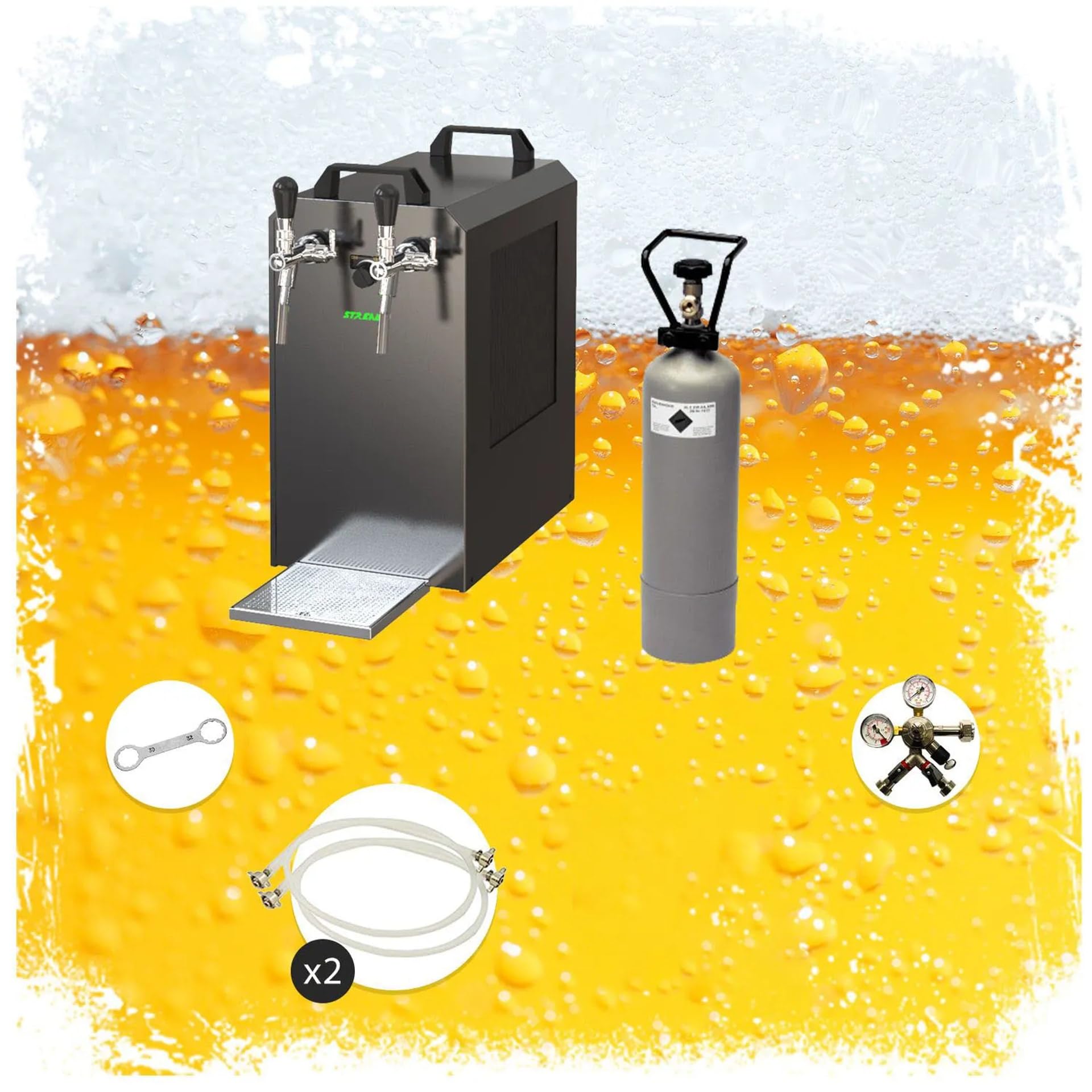 Kit Completo Stream 80 - Sistema de dispensación de Cerveza, maletín Enfriador, Flujo Continuo, 2 líneas, Tipo A y M, Cabezas Grifo Plano y Combo