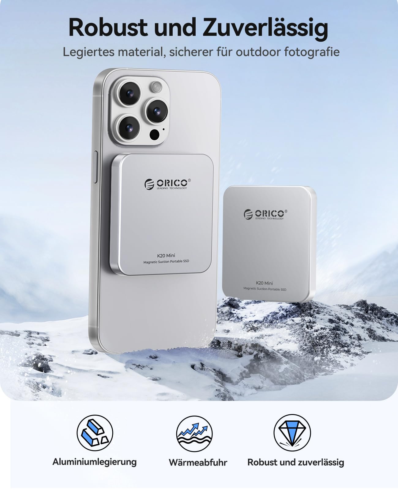 ORICO 512GB Magnetische Externe SSD, 4K ProRes HDR Aufzeichnung und Speicherung, Portable SSD bis zu 2000 MB/s, Nur Kompatibel mit iPhone 15/16 Series, Smartphone, Computer mit Typ-C Anschluss K20Mini