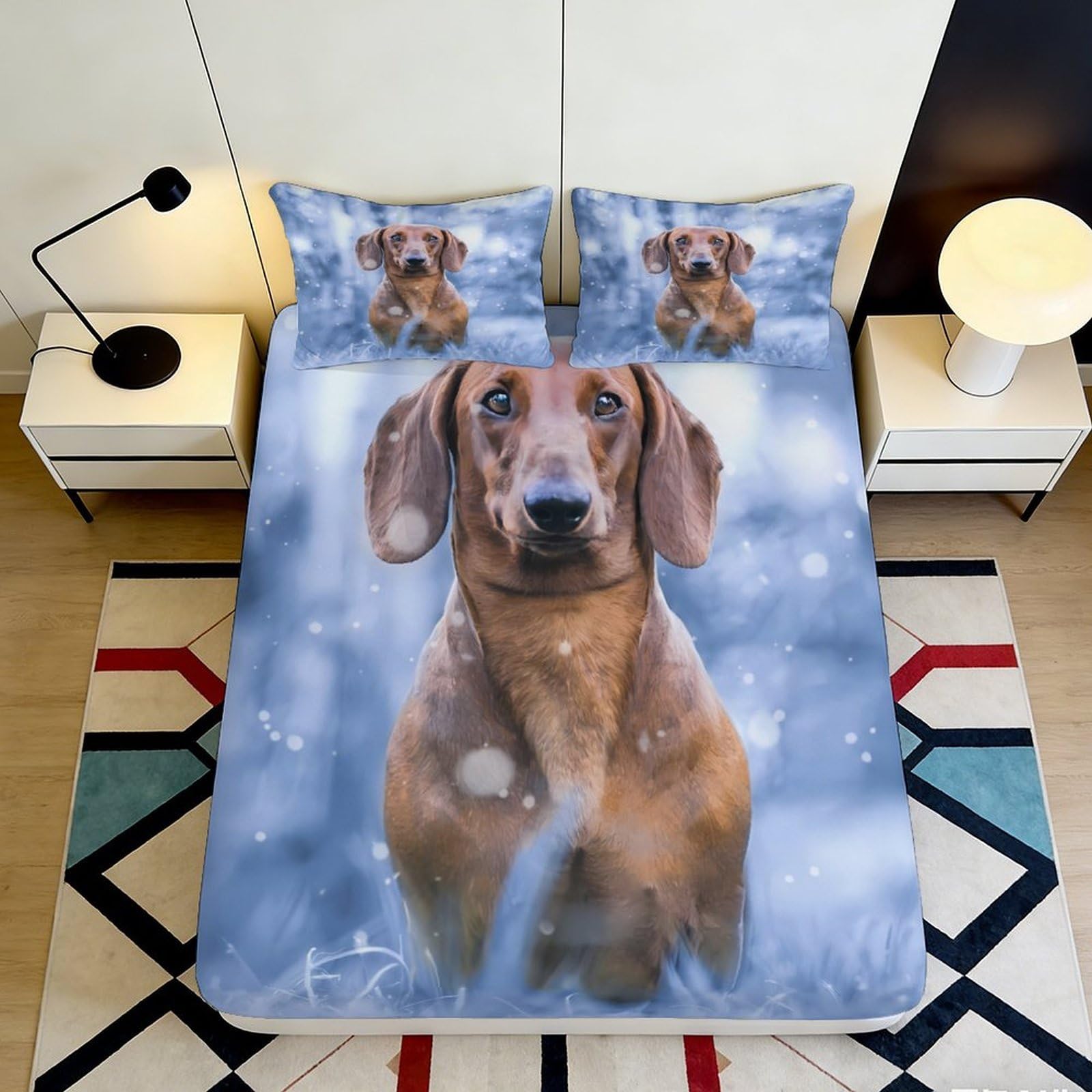 3D Printed Dachshund Dog Fitted Sheet Microfiber Soft Breathable Brown Puppy Mattress Cover for Bedroom Dorm Decor 90x200x25cm