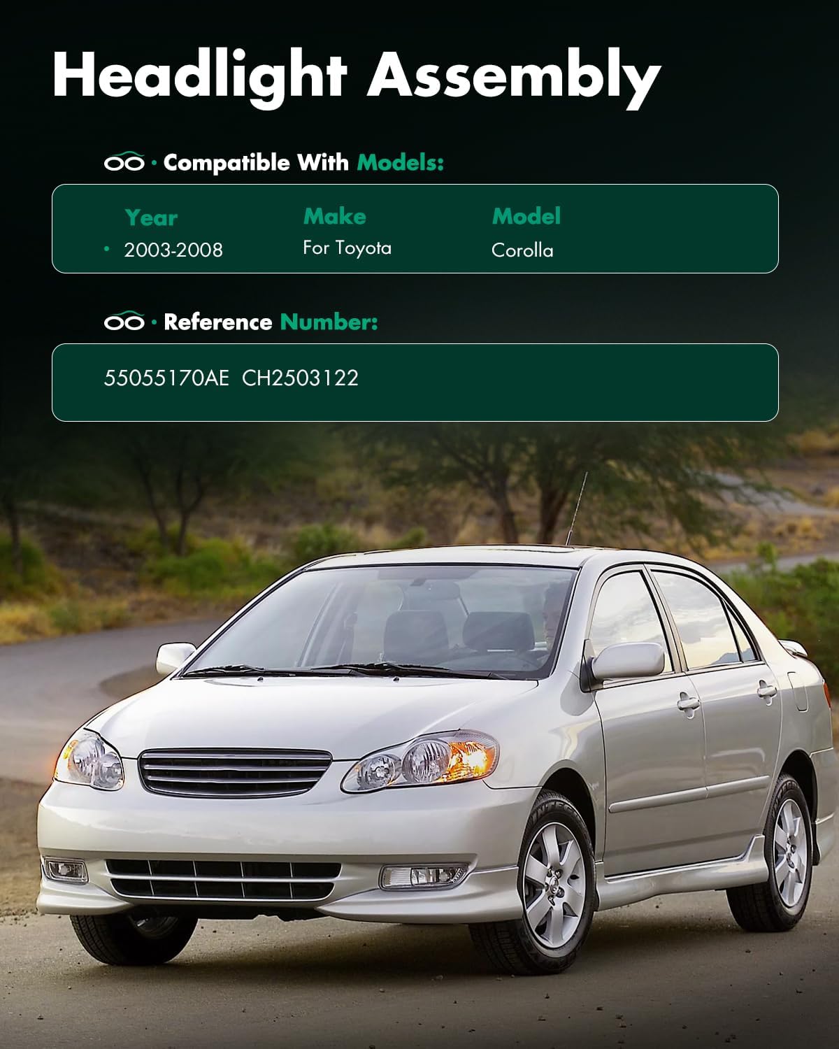 SCITOO Headlights for 2003 2004 2005 2006 2007 2008 for Toyota Corolla Pair Headlight Assembly Chrome Housing Amber Reflector 55055170AE