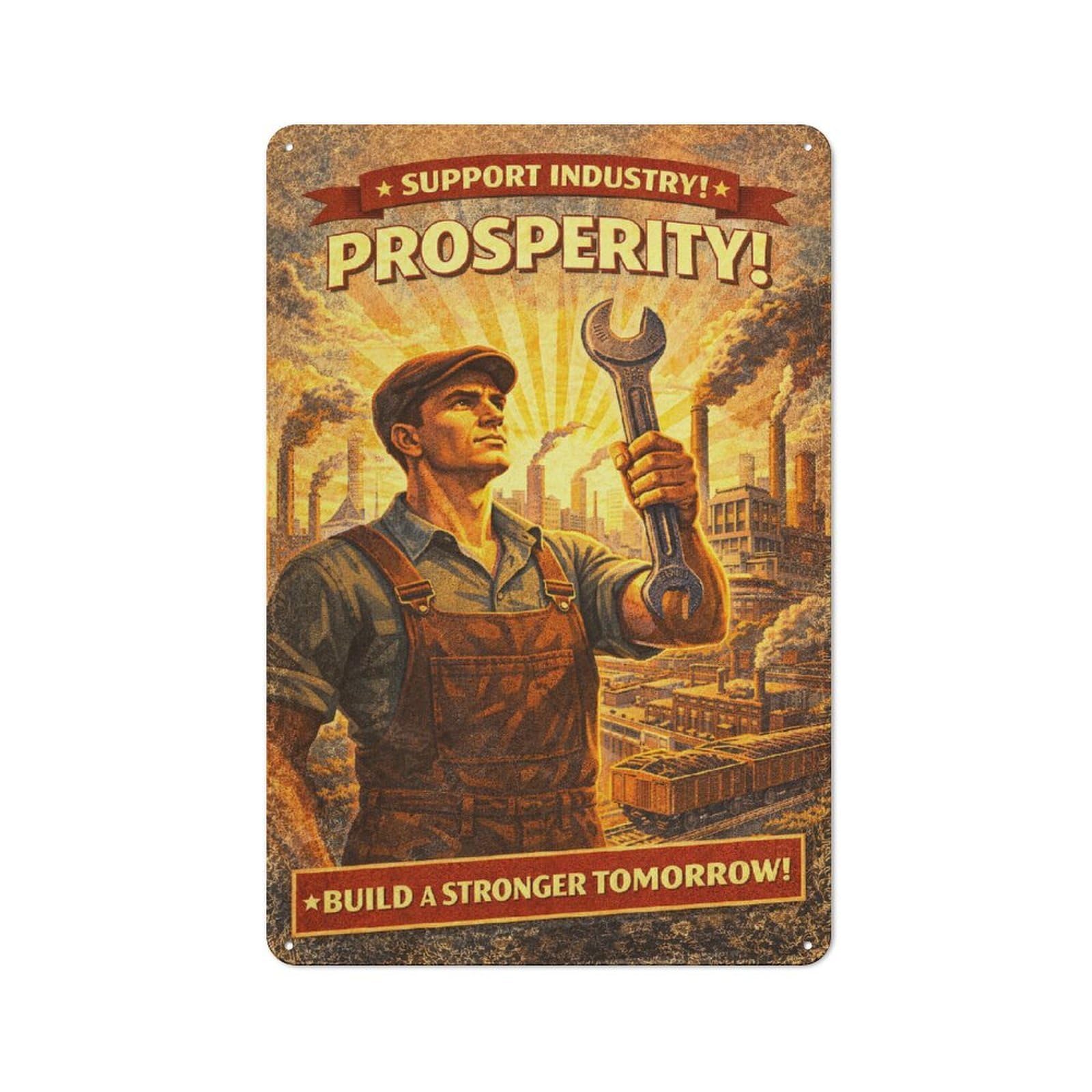 Junmoney Style-15 Tin Wall Plaque 30X20cm With Worker Holding Wrench With Industrial Background For Hallway Wall, A Decorative Metal Sign For Hallways And Entrance Areas