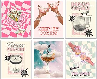Tequila Espresso Martini Bar Decor For Home - 8x10 Inches Set of 6 Poster & Prints Funky Decor - Bar Cart Accessories Cocktail Set - Retro Cocktail Preppy Room Decor - Apartment Decor Aesthetic - Danish Pastel Room Decor - Glass Wall Art - Trendy Room Decor