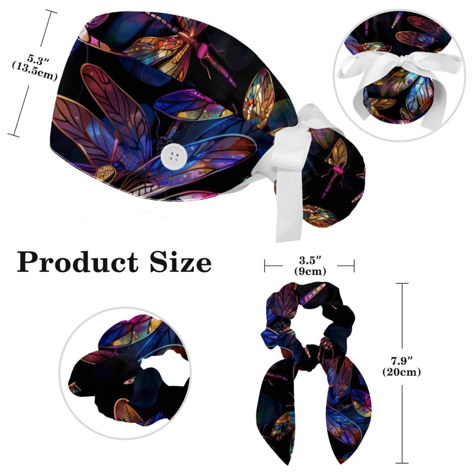 Vcedizo Colorful Ddragonflies Pattern Working Cap with Button & Sweatband Adjustable Tie Back Hat Nurse Surgical Cap
