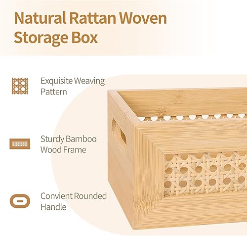 Miniatura 2 de LaMorée - Canasta de almacenamiento de ratán, cesta de almacenamiento tejida natural de bambú hecha a mano con marco de madera y asas, caja