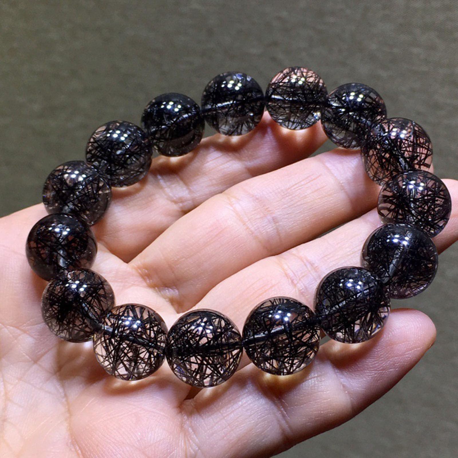 14mm, Natürliches schwarzes Rutilkristall-Armband, runde Edelsteinperlen-Armbänder, Naturstein-Stretch-Meditationsschmuck, Geschenk für Männer und Frauen