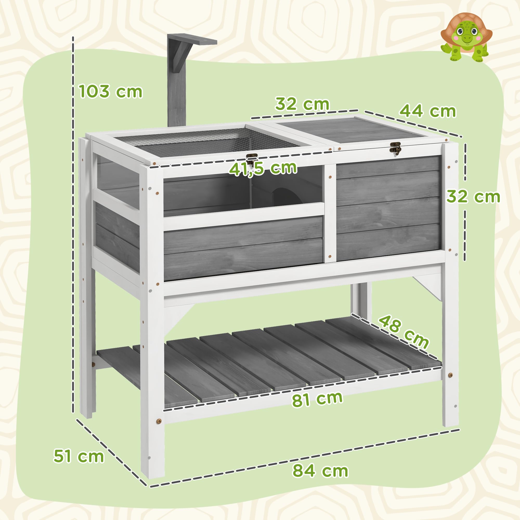 PawHut Recinto per tartarughe su gambe con ripiano portaoggetti - legno d'abete - interno ed esterno - dim. 103H x 84L x 51W cm grigio chiaro