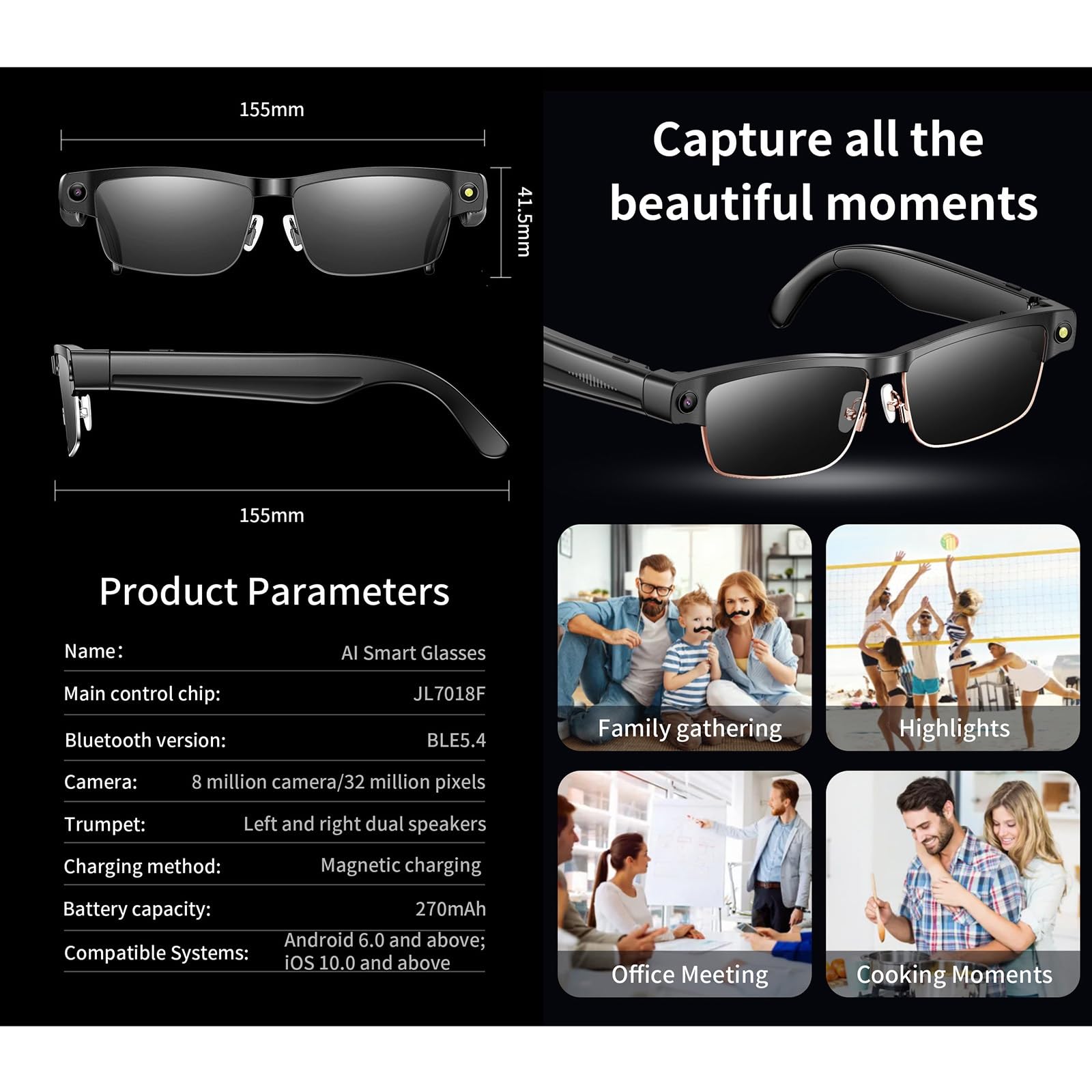 8MP Gafas Con Cámara, Gafas Inteligentes Con IA, Con Traducción En Tiempo Real Y Reconocimiento De Objetos, Estabilización De 1200p, Compatible Con IOS/Android, Para Viajes Y Negocios(White)
