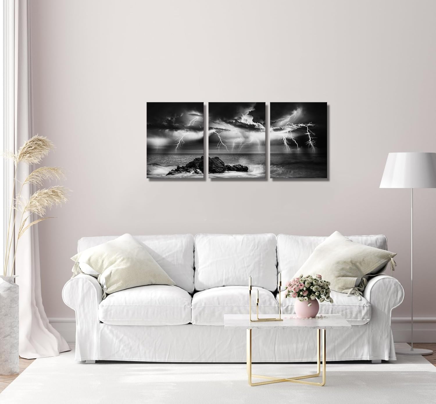 Derkymo 3 Pieces Nature Lightning Strikes in The Clouds Painting on Canvas Black and White Landscape Wall Art Ocean Coastal Night View Picture Print for Home Office Decoration Wall Decor 12"x16"x3pcs